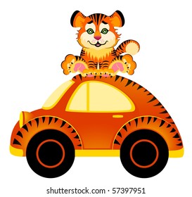 cartoon car and tiger on white background