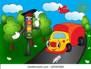 Cartoon car with traffic lights and cartoon airplane in the sky