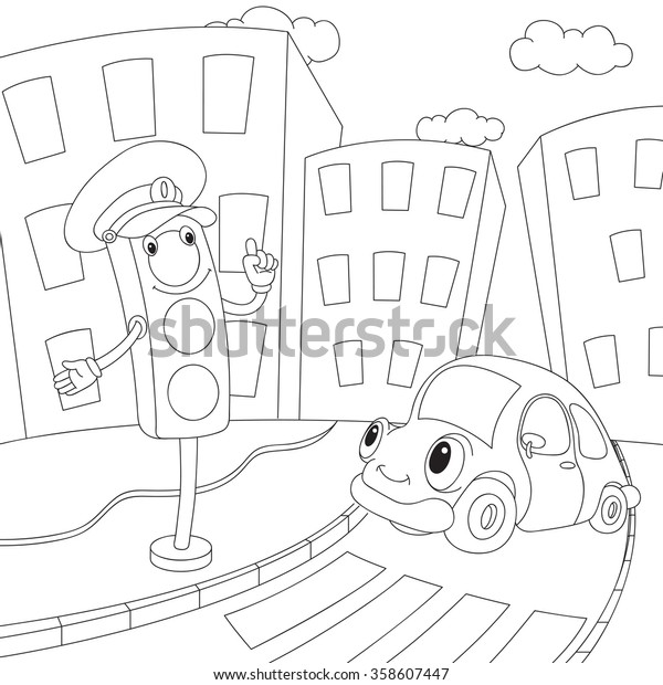 Cartoon car and traffic lights. Coloring\
book for kids. Vector\
illustration