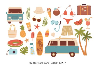 Cartoon car travel and beach accessories. Summertime elements vector illustration. Vacation items for sea weekend. Surfing, snorkeling, mini van, ice cream, fruits, cocktails, bikini, camera, hat