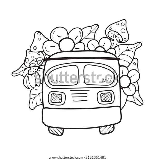 Cartoon car.\
Travel car with flowers, leaves and mushrooms. House on wheels.\
Travel, vacation. Coloring book. Handsomely. Vector illustration\
isolated on white\
background.