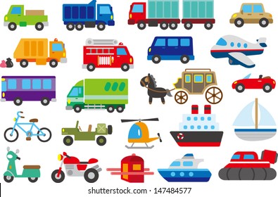 cartoon car, truck, submarine, ship, plane