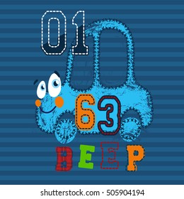 Cartoon car with two eyes. illustration. Colorful graphic for children and babies. 