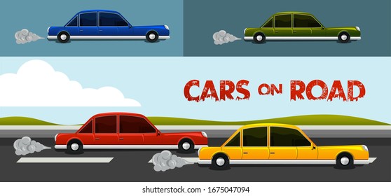 Cartoon car vector with different color options and car smoke pollution.