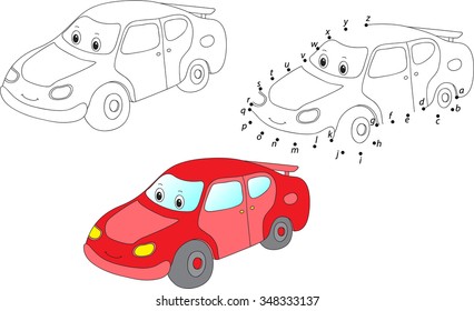 Cartoon car. Vector illustration. Coloring and dot to dot educational game for kids