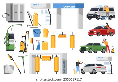 Cartoon car wash elements. Owners take care of vehicles, brushes, vacuum cleaners, rolls and automatic machines with water, man and woman cleaning automobile, tidy vector flat isolated set