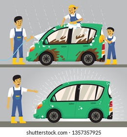 Cartoon car wash illustration, three people washing dirty car together