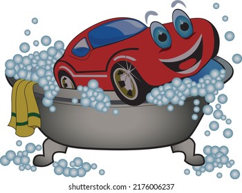 Auto de dibujos animados con burbujas de lavado 
