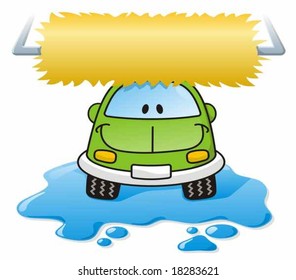 Cartoon car washing with roller brush and water splash