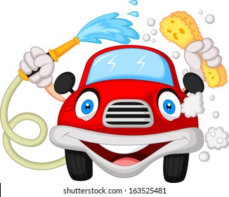 Cartoon car washing with water pipe and sponge 