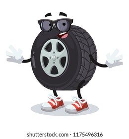 cartoon car wheel character mascot in black sunglasses on a white background