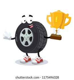 cartoon car wheel mascot holds the number one cup on white background
