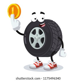 cartoon car wheel mascot keeps the coin on white background