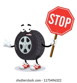 cartoon car wheel mascot with tablet stop in hand on white background