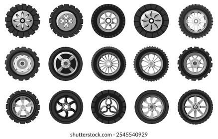Cartoon rodas de carro. Disco da jante do pneu com borracha, autopeças do veículo de transporte, protetor do raio do disco do pneu do círculo automotivo. Conjunto isolado do vetor.