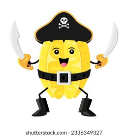 Cartoon carambola or star fruit pirate and corsair character with swords. Isolated vector tropical fruit personage wear hat with two swords in hands exuding sense of adventure, danger, and playfulness