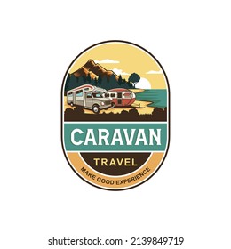 cartoon of caravan rv travel illustration with mountain and lake background, logo design vector template