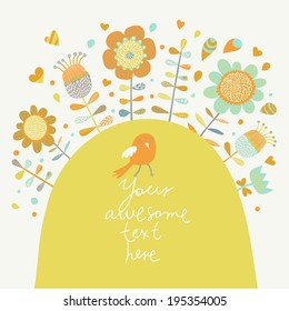 Cartoon card with bird and flowers in vector. Concept nature invitation