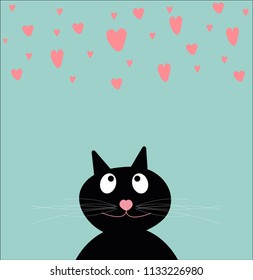 Cartoon card cheerful black cat and heart, copy space. Cartoon character balck cat.