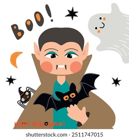 Tarjeta de la historieta con el niño en vampiro costume.Halloween cartel con el carácter masculino lindo y mano escrita.Background con el niño pequeño, murciélago divertido, fantasma y spider.Vector ilustración plana en blanco.