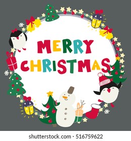 Cartoon Card with Colorful Inscription Merry Christmas and Cute Xmas Wreath
