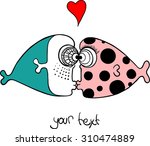 Cartoon card with cute couple of the kissing fish