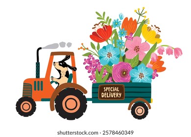 Cartoon card with cute dog and flowers. Funny character on a tractor carries  huge bouquet in trailer. Handwritten Sign Special Delivery. Vector design isolated on white background. Flat  illustration
