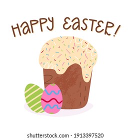 Cartoon card design with greeting lettering Bright Easter on Russian. Traditional cake with icing and sprinkles topping, the decorated eggs nearby. Vector illustration.