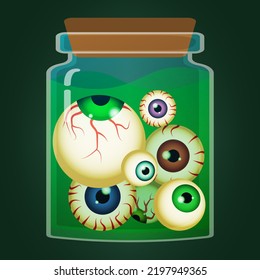 Tarjeta de caricatura con ojos en frasco. Ilustración vectorial de dibujos animados. Pisos de Halloween en Jar