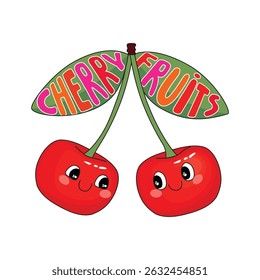 Cartoon card with funny cherry fruits and lettering. Cute smiling characters with faces. Red, green, pink, yellow colors on white background. Vector design for card, banner, stickers. Print on fabric
