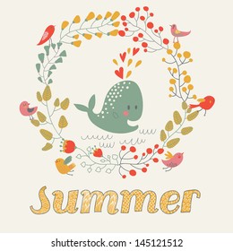 Cartoon card with funny whale, flowers and birds in vector. Bright summer background. Floral invitation in bright colors
