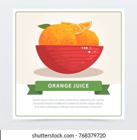 Cartoon card of juicy tropical oranges in red bowl. Healthy life and organic fruit concept. Hand drawn food vector illustration.