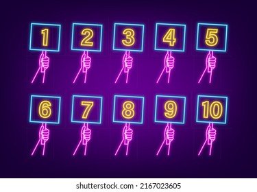 Cartoon card with jury rate. Neon icon. Hands holding score cards with numbers