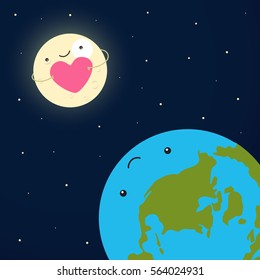 Cartoon card. In Love. Moon holds his heart and confesses his love for the planet earth in space, perfect for postcard, printed on a T-shirt, print on Notebooks, cute vector illustration