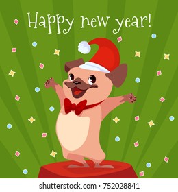 Cartoon card for New Year with a cute pug. Vector illustration.