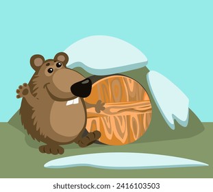 Cartoon card on blue backdrop. Cute character. Card for celebration design. Flat groundhog day for print design.