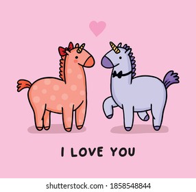 Cartoon card pink unicorns in love