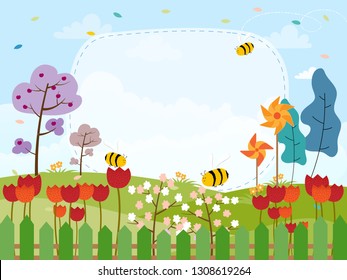 Cartoon card for spring season of flowers field and honey bee flying with copyy space, Cute illustration Summer creative frame background, Template for your text. Nature landscape on spring or sommer