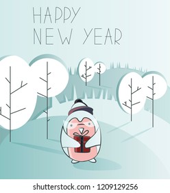 Cartoon card with standing penguin on the hill in the forest and holding a gift for his friend
