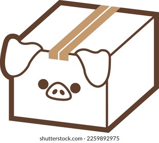 Cartoon cardboard box looking like a kawaii cute pig - Illustration for logo, shipping - delivery company illustration, pet shop - cutout, with transparent background