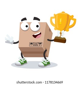 cartoon cardboard box mascot holds the number one cup on white background