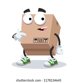 cartoon cardboard box mascot showing himself on a white background