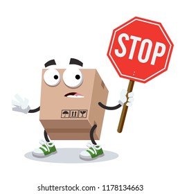 cartoon cardboard box mascot with tablet stop in hand on white background