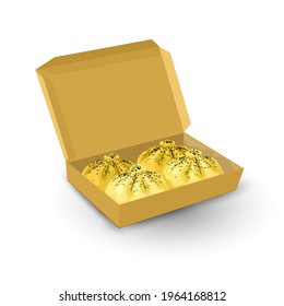 Cartoon cardboard box with tasty meal, hot khinkali served with greenery and herbs. Vector restaurant meal, dumplings for takeaway. Idea of gourmet food, cuisine, fast food isolated on white