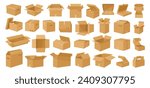 Cartoon cardboard boxes. Carton delivery boxes, open and closed shipping package with fragile signs, parcel delivery boxes flat vector illustration set. Cardboard box collection