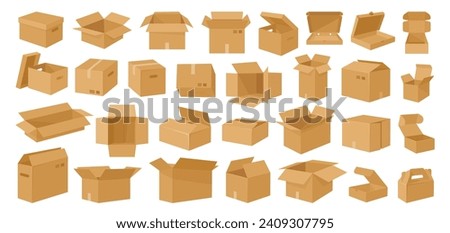 Cartoon cardboard boxes. Carton delivery boxes, open and closed shipping package with fragile signs, parcel delivery boxes flat vector illustration set. Cardboard box collection