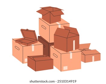 Cartoon cardboard boxes. Stacked cargo boxes pile, warehouse box stack flat vector illustration. Delivery or moving containers on white