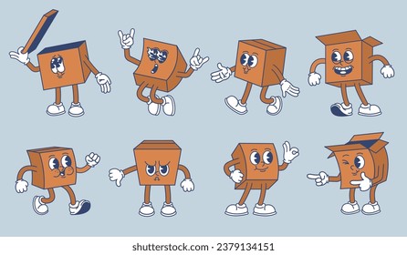 Cartoon cardboard package box mascot. Delivery character, funny boxes in different poses isolated vector illustration set of cardboard delivery package