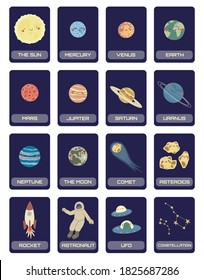 Cartoon cards characters of planets of solar system, rocket, astronaut, ufo, constellation, comet, asteroids. Childish vector illustration. Perfect for kids education, postcards, decoration