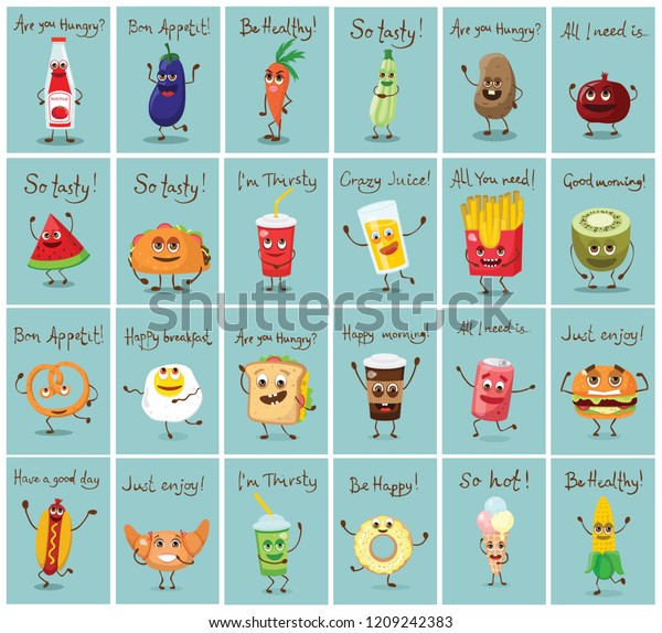 Cartoon cards with funny fast and healthy food characters vector